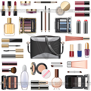 Makeup Cosmetics with Black Handbag - vector image