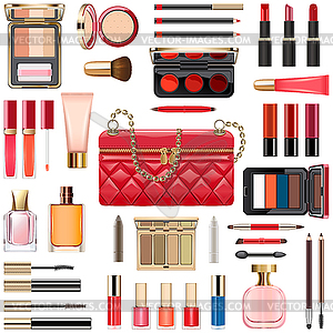 Makeup Cosmetics with Red Handbag - vector image