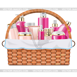 Basket with Skin Grooming Products - vector clip art