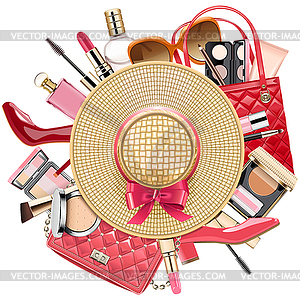 Fashion Concept with Wicker Hat - vector image