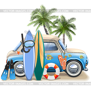 Surfing Concept with Blue Car - vector clip art