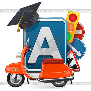 Driving School Concept with Orange Scooter - vector image