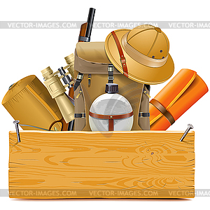 Wooden Board with Safari Accessories - vector image