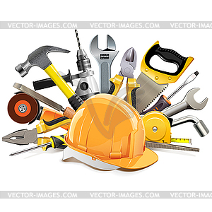 Orange Construction Helmet with Hand Tools - vector image