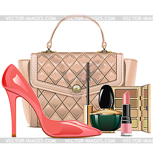 Fashion Handbag with Makeup Cosmetics - vector clipart