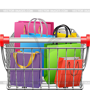 Supermarket Cart with Shopping Bags - vector clipart