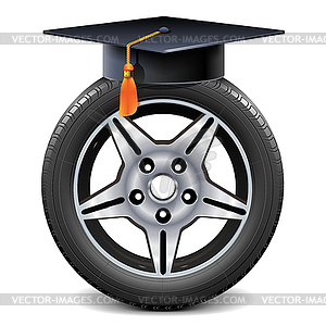 Car Wheel with Square Academic Cap - royalty-free vector image