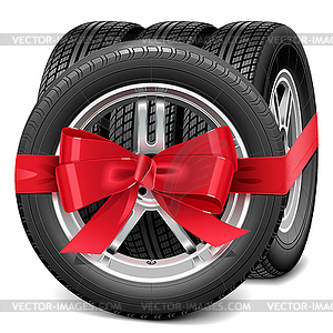 Car Wheels with Red Bow - vector image