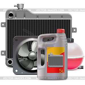 Engine Cooling System Parts with Antifreeze - vector clip art