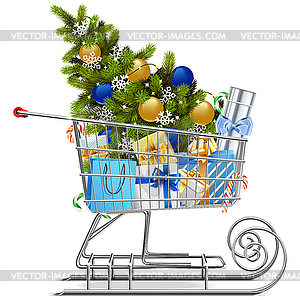 Shopping Sled with Christmas Decorations - vector clipart