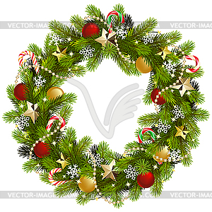 Christmas Fir Wreath with Golden Stars - vector image