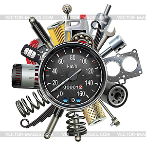 Car Spares Concept with Speedometer - vector image