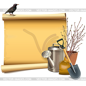 Paper Scroll with Garden Accessories - vector clipart