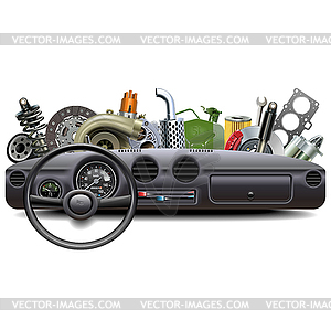 Car Dashboard with Spare Parts - vector clipart