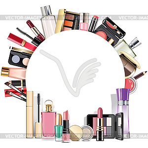 Round Blank Frame with Makeup Cosmetics - vector clip art