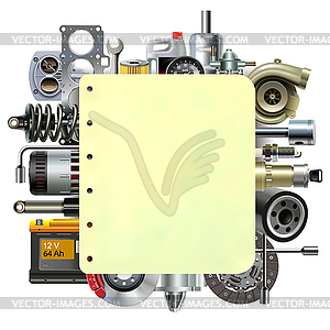 Paper Sheet with Car Parts - vector image
