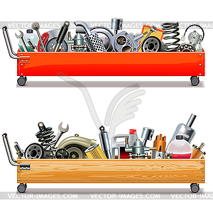 Toolbox Cart with Car Parts - vector clip art