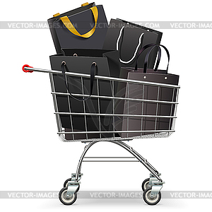 Supermarket Trolley with Black Shopping Bags - vector image