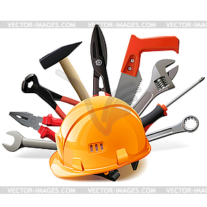 Orange Helmet with Hand Tools - vector clipart