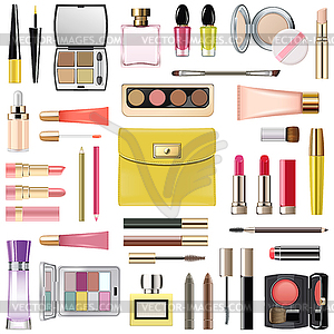 Makeup Cosmetics with Yellow Cosmetic Bag - vector image