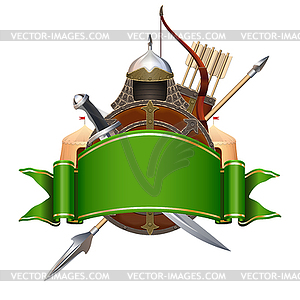 Green Banner with Knight Armor - vector image