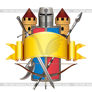 Желтое знамя с рыцарскими доспехами - клипарт в векторе