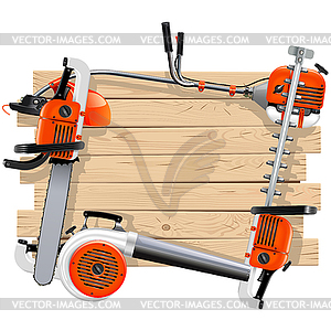 Wooden Frame with Garden Equipment - vector image