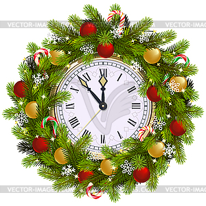 Christmas Fir Wreath with Clock - vector image