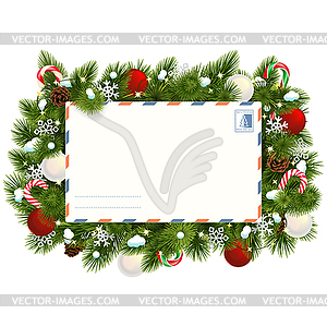 Snowy Christmas Fir Branches with Postcard - stock vector clipart