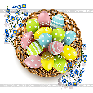 Easter Eggs with Wicker Dish - vector image