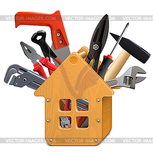 Wooden House Toolbox with Tools - vector clip art