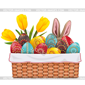 Easter Basket with Painted Eggs - vector image