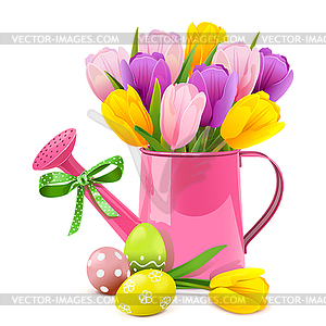 Easter Concept with Pink Watering Can - vector image