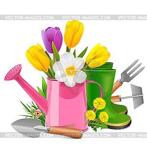 Garden Concept with Pink Watering Can - vector image