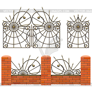 Brick Fence with Wrought Iron Gates - vector clipart