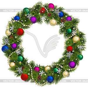 Christmas Wreath with Colorful Baubles - vector clip art