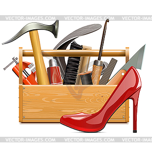 Shoemaker Toolbox with Red Female Shoe - royalty-free vector clipart