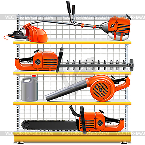 Yellow Shelves with Garden Equipment - vector clip art