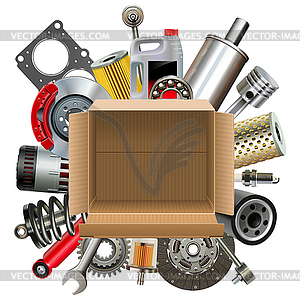 Empty Carton Box with Car Spares - vector clipart