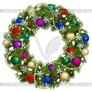 Christmas Pine Fluffy Wreath with Colourful Baubles - vector image