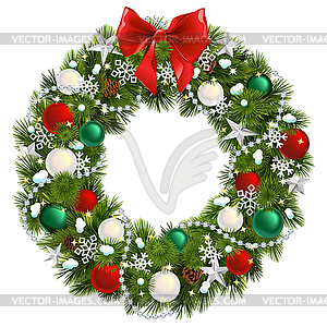 Christmas Pine Fluffy Wreath with Red Bow - vector image