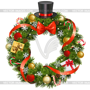 Christmas Pine Fluffy Wreath with Hat - royalty-free vector image