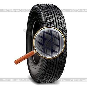 Car Tire with Magnifying Glass - vector image