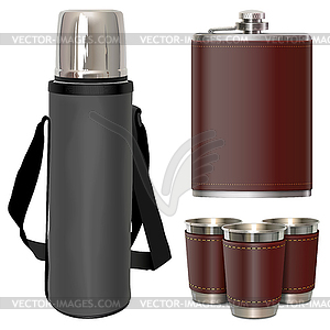 Camping Thermos and Flask with Cups - vector image