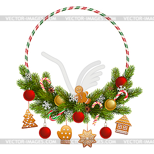 Christmas Circle Fir Decoration with Gingerbreads - vector clipart