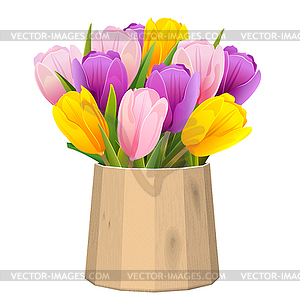 Wooden Tub with Tulips - vector image
