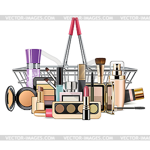 Metal Supermarket Basket with Makeup Cosmetics - vector clipart