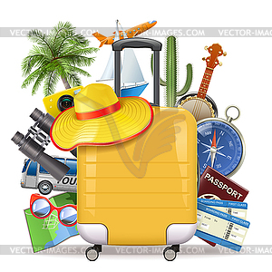 Концепция туризма с Желтым чемоданом - векторный клипарт / векторное изображение