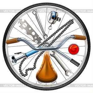 Bicycle Spares Concept with Wheel Around - vector image