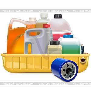 Oil Filter and Car Fluids in Oil Drain Pan - vector image